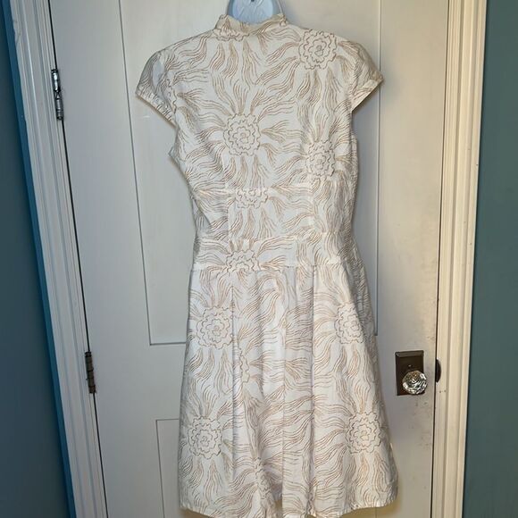 Kay Unger 100% Cotton Cap Sleeve White Gold Midi Summer Romantic Dress Sz 6 - Picture 2 of 13